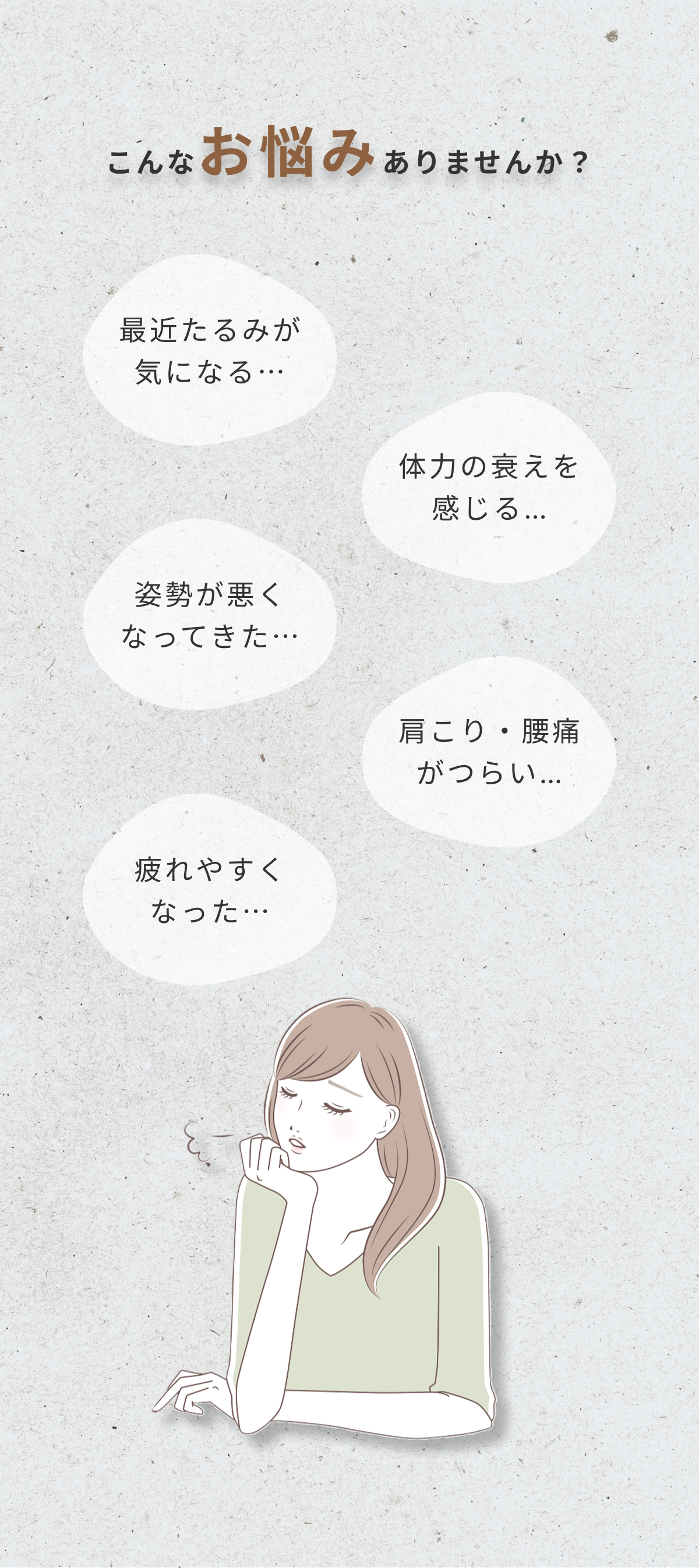 こんなお悩みありませんか?最近たるみが気になる…体力の衰えを感じる…姿勢が悪くなった…肩こり・腰痛がつらい…疲れやすくなった…